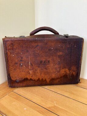 Antique Leather Valise Mini Suitcase Luggage Travel Case Vtg Distressed As-Is